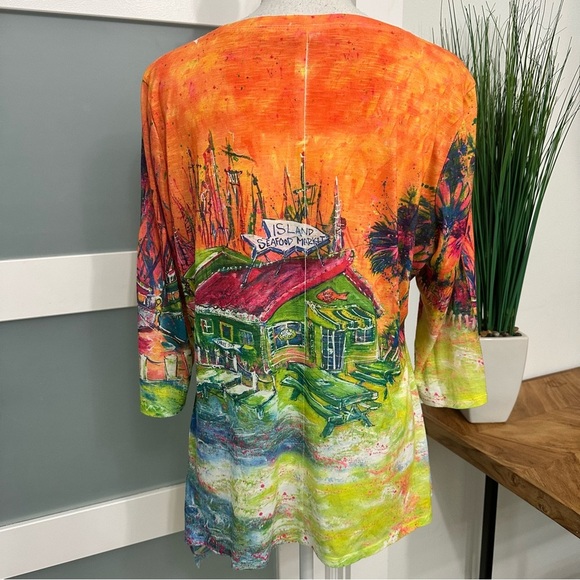 Leoma Lovegrove Colorful Tunic Top 3/4 SLV Asymmetrical Hem Large Maximalist EUC - Picture 6 of 6